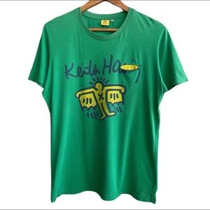 KEITH HARING Rare Vintage Single Pocket Short Sleeve Tee Shirt Green & Yellow